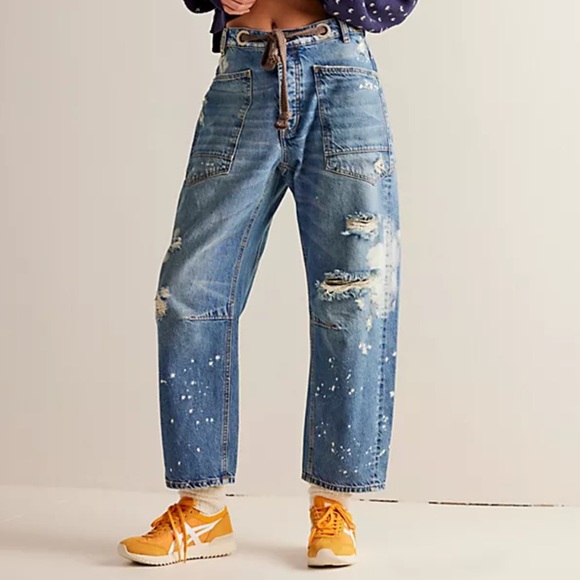 Free People Pants - NWT Free People Moxie Pull-On Barrel Jeans Ripped Distressed Drawstring 28 Pull